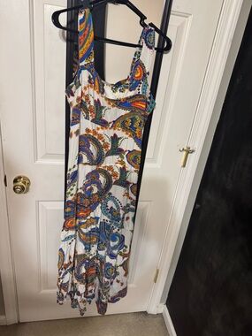 STATE White Maxi Dress with Blue, Orange, Green & Purple Paisley